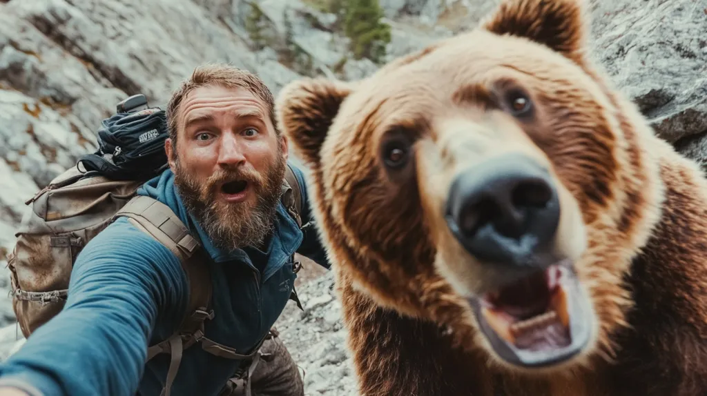 Here's a description of the image:

A close-up selfie shows a bearded man with a surprised expression, leaning forward towards a large brown bear.  The bear, filling much of the frame, is also looking at the camera, its mouth open in a slightly aggressive yet playful display. The man wears a backpack and a dark blue long-sleeved shirt, suggesting outdoor activity. The rocky, mountainous background is blurred, indicating the image's focus is on the man and the bear. The overall impression is a mix of thrill, surprise, and a potentially risky interaction between human and wildlife.