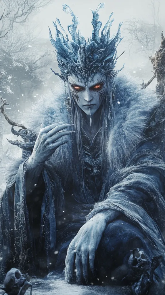 A chilling figure, possibly a malevolent ice sorcerer or winter deity, dominates the image.  Clad in a frost-encrusted robe and an elaborate ice crown, he possesses long, white hair and piercing orange eyes. His hands, sharp and clawed, rest on a surface covered in a light dusting of snow, near scattered skulls. The background features a bleak, wintry landscape of bare trees, enhancing the overall sense of icy desolation and power. The image's color palette is predominantly shades of blue and white, emphasizing the cold atmosphere.