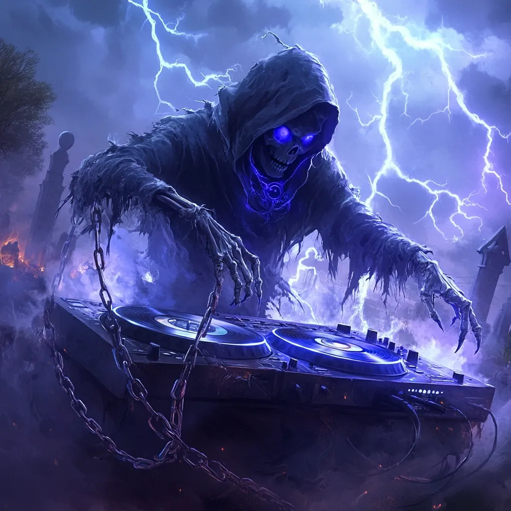 A skeletal figure, cloaked and hooded, resembling the Grim Reaper, is depicted DJing amidst a stormy graveyard.  Glowing blue eyes pierce the darkness as its bony hands manipulate the turntables.  Chains link the equipment, adding to the macabre ambiance.  Lightning crackles violently in the purple-hued sky, enhancing the dramatic and fantastical setting. The scene is a blend of horror and electronic music culture.