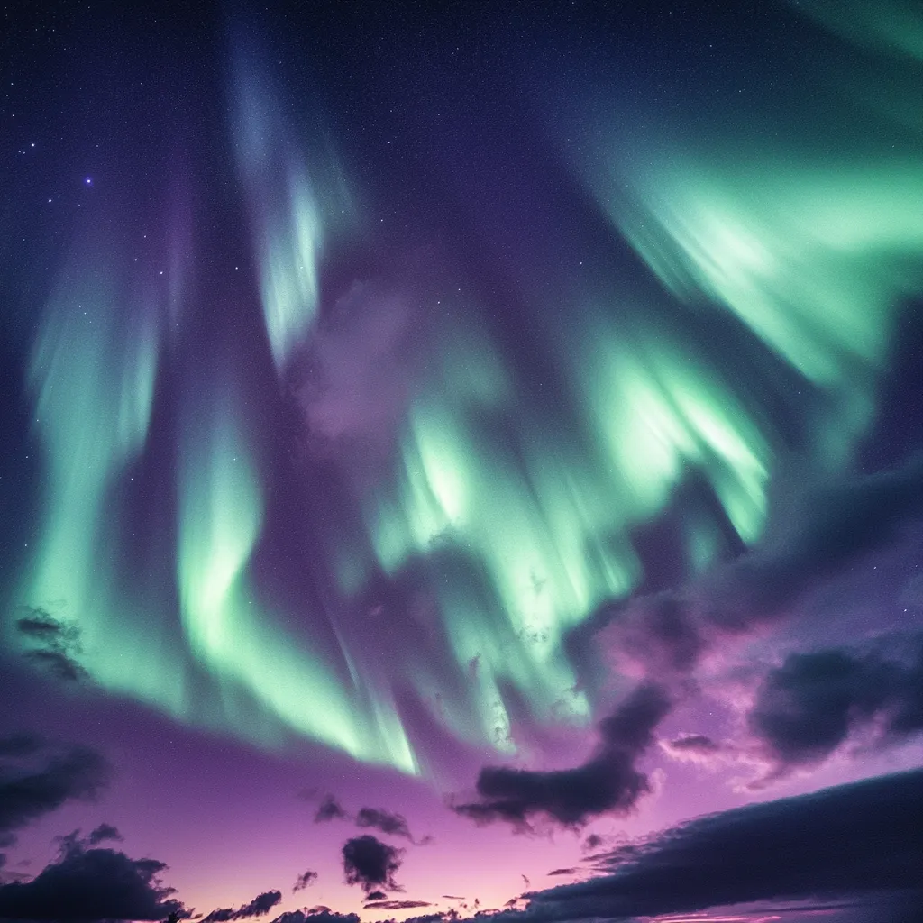 A breathtaking display of the Aurora Borealis dominates the night sky.  Vibrant, teal-green curtains of light dance across a backdrop of deep purple and violet clouds, punctuated by the faint glimmer of stars. The aurora's ethereal glow fills the frame, creating a mesmerizing spectacle of color and movement against the twilight sky.  The image evokes a sense of awe and wonder at the natural beauty of the polar night.