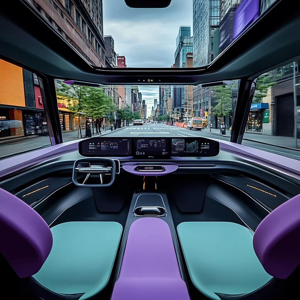 Here's a description of the image:

The image shows the interior of a futuristic, self-driving vehicle, viewed from the driver's seat.  The car features a minimalist design with a large panoramic sunroof offering a view of a city street. The dashboard incorporates a sleek, integrated digital display system, while the seats are upholstered in a soft, pastel purple and teal.  The overall aesthetic is modern, clean, and technologically advanced.  The city street outside appears to be in New York, with tall buildings lining the road. The vehicle is seemingly autonomous as there is no steering wheel in the traditional sense.