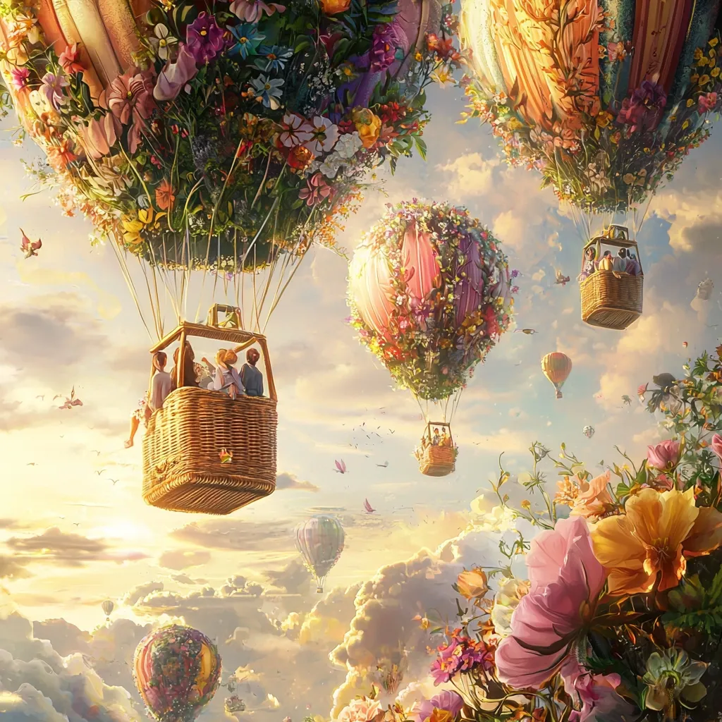 Here's a description of the image:

A whimsical illustration depicts numerous hot air balloons adorned with vibrant flowers soaring through a pastel sky.  Several balloons carry small groups of people in wicker baskets, creating a sense of joyous flight.  The overall atmosphere is dreamy and fantastical, with soft clouds and a warm, golden light suggesting sunrise or sunset. Smaller balloons and birds flit amongst the larger ones, adding to the enchanting, ethereal quality of the scene. The foreground features a lush array of blooming flowers, mirroring the balloon decorations and grounding the fantastical element.