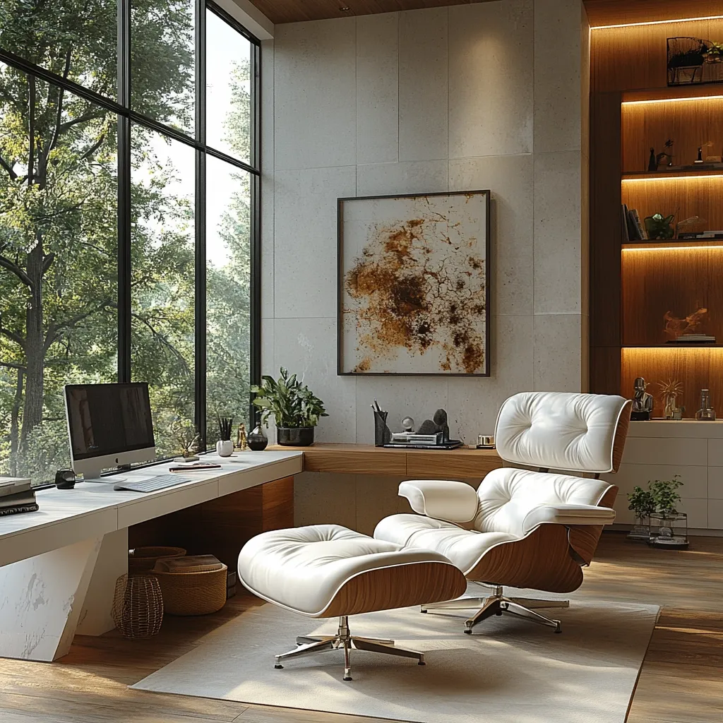 Here's a description of the image:

A modern home office boasts a minimalist aesthetic.  A white leather Eames Lounge Chair and ottoman command attention, positioned near a large window offering a tranquil view of lush greenery.  A sleek white desk, partially visible, runs along the wall, incorporating a computer setup.  The wall features a textured, neutral palette complemented by a piece of abstract art and a built-in, illuminated wooden shelving unit. Natural light streams through the window, illuminating the space with a warm, inviting glow.  The overall mood is one of calm sophistication and understated luxury.