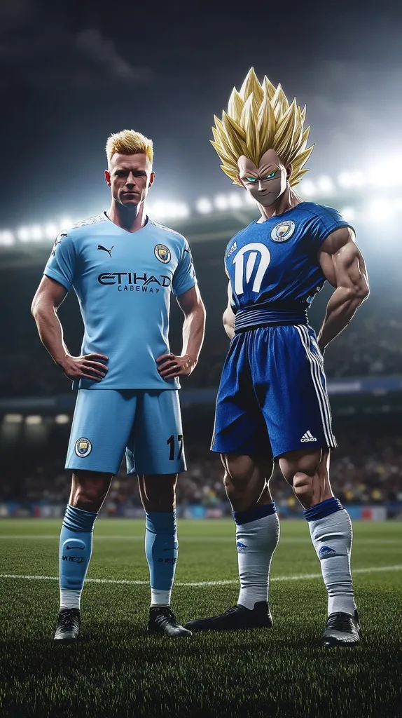 Here's a description of the image:

The image shows a digitally enhanced scene featuring two figures in Manchester City soccer jerseys on a stadium field.  One figure is Jack Grealish, a Manchester City player, in a light blue kit with the number 17. Beside him stands a muscular, anime-styled Vegeta from Dragon Ball Z, also wearing a Manchester City jersey, but in dark blue, sporting a more powerful physique. Both are sharply focused, with the stadium lights blurred in the background, creating a dramatic contrast.  The image blends reality and fantasy, showcasing a unique juxtaposition of a real-life athlete and a fictional character.