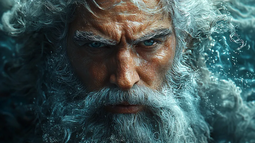 Here's a description of the image:

Close-up view of a man's face, possibly digitally enhanced, resembling a mythical sea god. He has long, flowing, grey hair and beard, wet and seemingly infused with water or mist.  His expression is stern, with deep-set, intense blue eyes and furrowed brows.  The overall color palette is cool-toned, dominated by blues and greys, enhancing the aquatic theme. The texture of his skin and beard is highly detailed, showing age and a weathered appearance. The background is blurred but suggests a turbulent water scene. The image has a dramatic, almost cinematic quality.