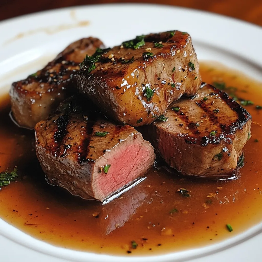 Here's a description of the image:

A close-up shot showcases four succulent grilled beef medallions nestled in a rich, dark brown sauce on a white plate.  The medallions, slightly charred and glistening, display varying degrees of doneness, with one exhibiting a beautiful pink center.  They're generously sprinkled with fresh herbs, likely parsley, adding a touch of vibrancy to the rich color of the meat and sauce.  The sauce itself has a glossy sheen and appears flavorful. The overall presentation is elegant and appetizing, highlighting the high quality of the ingredients and preparation.