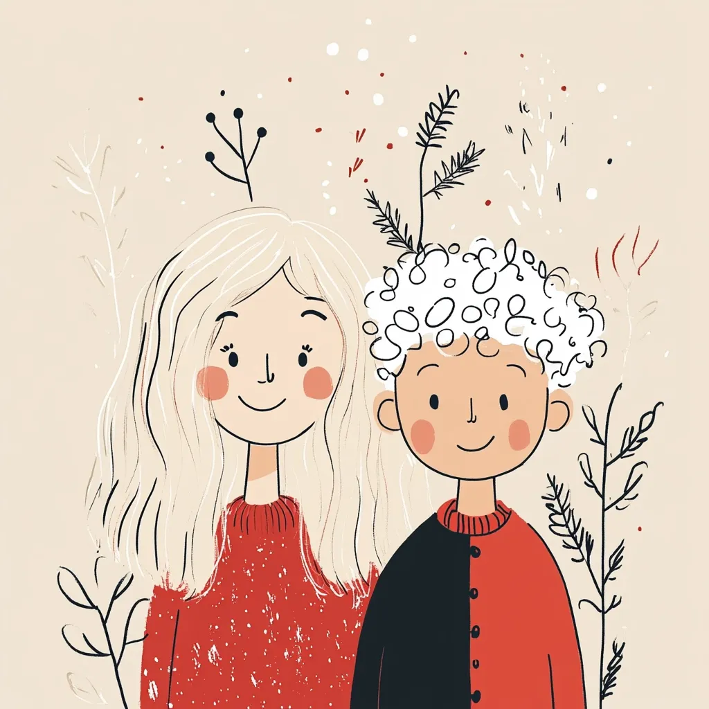 Here's a description of the image:

The illustration depicts two children, a girl with long blonde hair and a boy with curly white hair, standing side-by-side.  They both wear red sweaters; the boy's is half black.  Simple, minimalist style is used with soft color palettes of beige, red and black.  Delicate, stylized floral and branch elements surround them, adding a whimsical, possibly wintery feel. Their expressions are cheerful and innocent. The overall aesthetic is warm, inviting, and childlike.