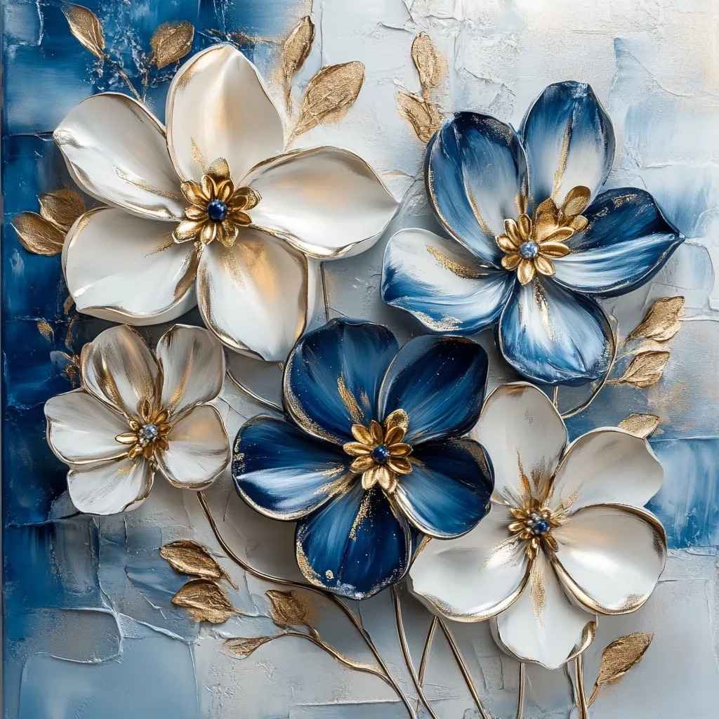 This artwork is a textured floral painting featuring a cluster of stylized flowers in shades of white, cream, and deep blue.  The flowers have a three-dimensional, almost sculpted quality. Gold accents are used on the flower centers and leaves, adding a touch of luxury. The background is a textured blue and white canvas, creating depth and contrast to the prominent blossoms. The overall style is elegant and sophisticated, possibly employing impasto techniques.