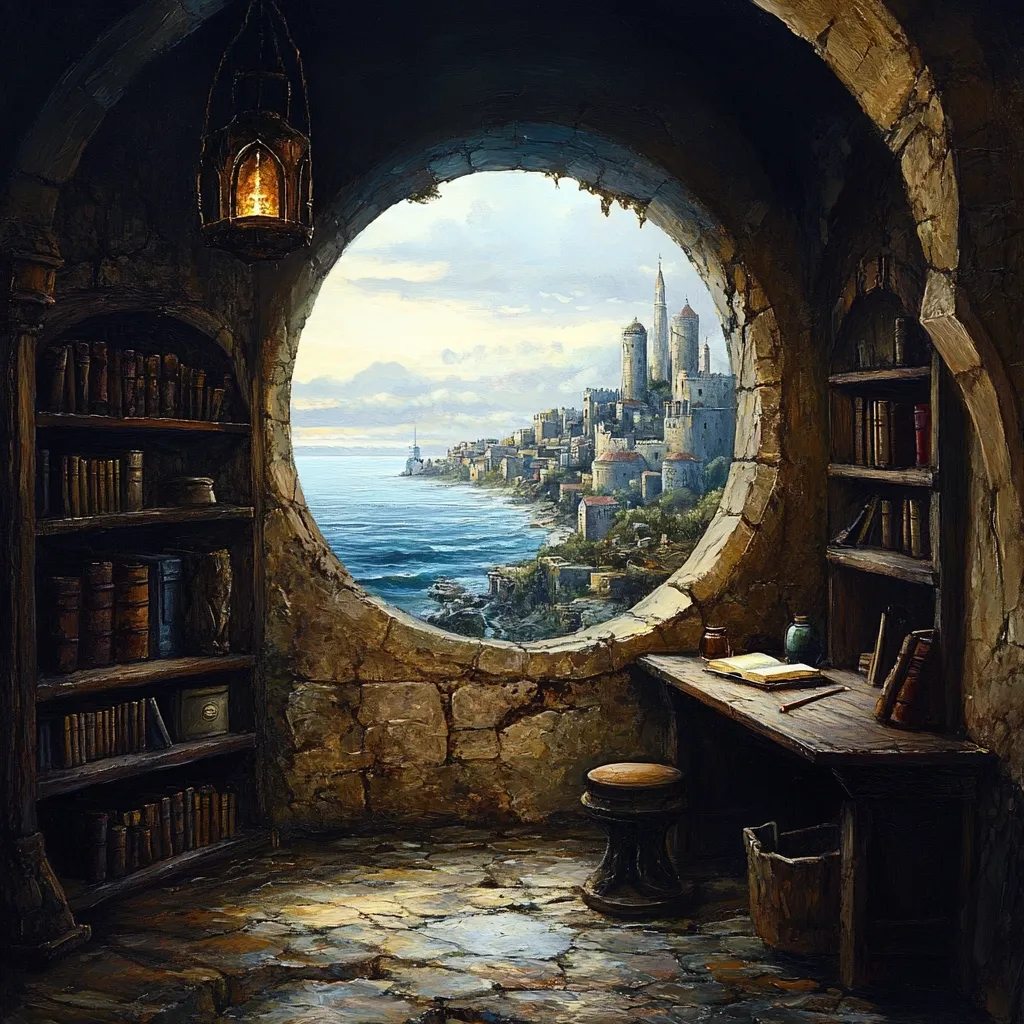 A stone room, nestled within a tower, offers a breathtaking view through a large, arched window.  The window frames a coastal city with majestic towers and fortified walls, stretching along a cerulean sea.  Inside, a small wooden desk is strewn with books and writing materials, accompanied by a simple stool.  Bookshelves overflowing with ancient-looking tomes line the walls, adding to the scholarly atmosphere. A hanging lantern casts a warm glow, illuminating the scene. The overall mood is one of quiet contemplation and magical realism.