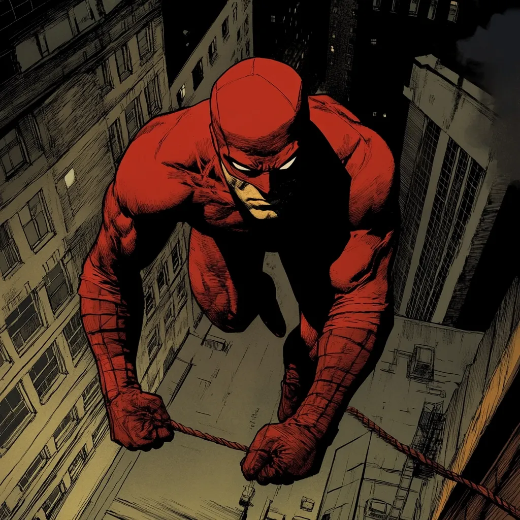 Here's a description of the image:

The image is a stylized comic book illustration of Daredevil, perched atop a city rooftop at night. He's depicted in his signature red suit, his form dynamic and tense as he grips a rope. The art style is gritty and detailed, with a focus on shadow and texture, emphasizing the urban setting's darkness.  Tall buildings loom in the background, their windows dark, enhancing the nocturnal atmosphere. Daredevil's expression is serious and determined, highlighting his vigilante persona. The overall feel is one of suspense and action.