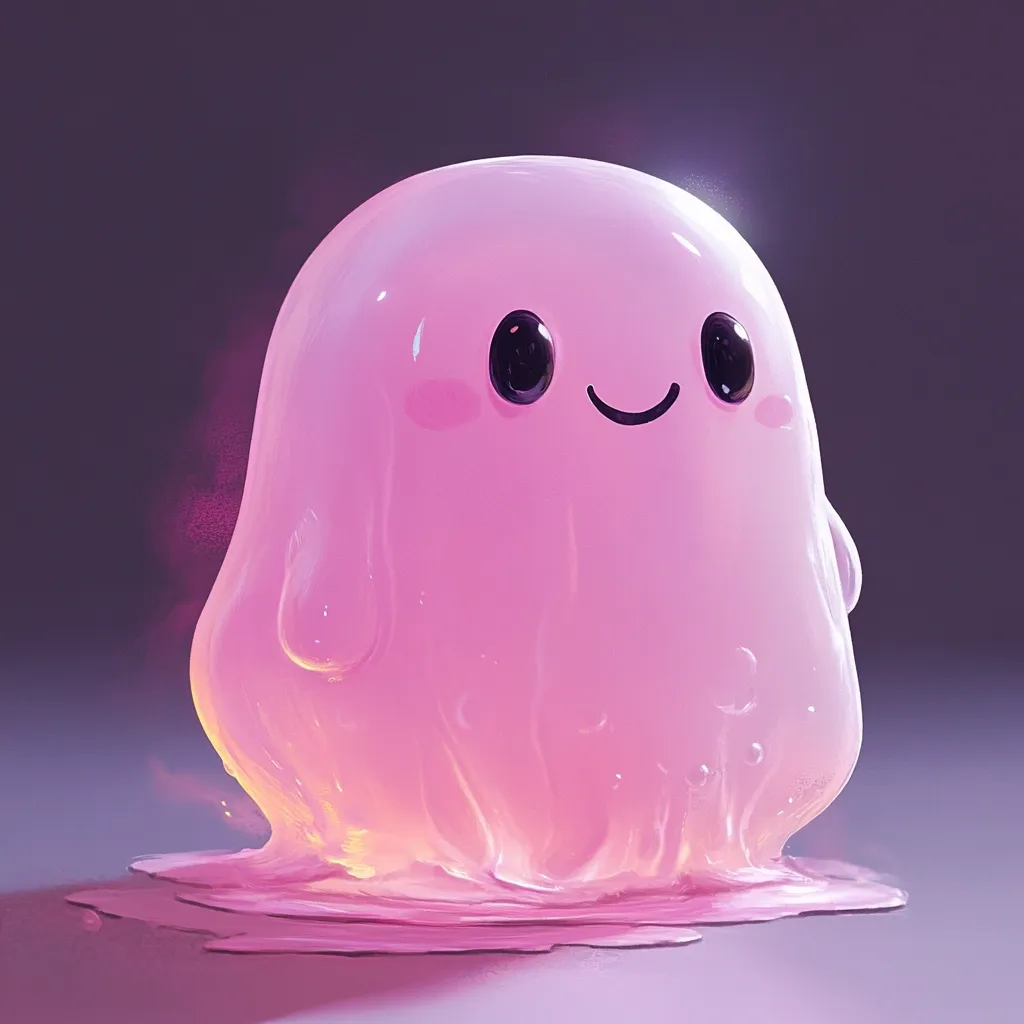 Here's a description of the image:

The image showcases a charming, digital rendering of a pink, amorphous creature.  Resembling a friendly ghost or blob, it has large, dark eyes, rosy cheeks, and a small, upturned smile. The creature's form is fluid and slightly translucent, with a gentle glow emanating from within. It appears to be melting or dripping slightly onto a surface, adding to its ethereal and whimsical quality. The background is a soft, muted purple, enhancing the overall dreamy aesthetic. The overall style is cute and cartoonish.