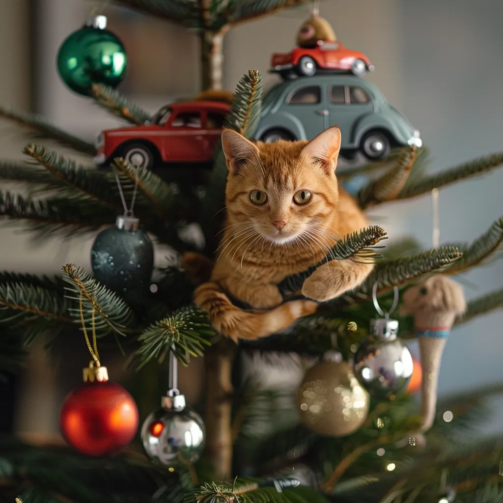 Here's a description of the image:

A ginger cat sits nestled amongst the branches of a decorated Christmas tree.  The cat, the main focus, looks directly at the viewer with curious eyes.  The tree is adorned with colorful ornaments, including red and green baubles and shiny silver spheres. Miniature vintage toy cars, a red and a light blue, are also perched on the tree's branches, adding a whimsical touch. The overall ambiance is cozy and festive, with a soft, warm light illuminating the scene.