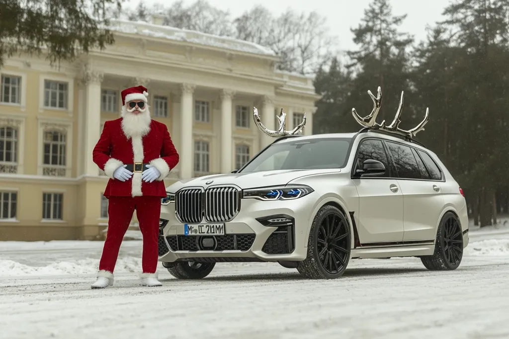 A modern, silver BMW X7 SUV, adorned with large chrome reindeer antlers on its roof rack, is parked in a snowy driveway.  Standing beside it is Santa Claus, sporting sunglasses and a sleek, modern red suit. The backdrop features a grand, classical-style building. The overall scene is a festive and stylish juxtaposition of traditional Christmas imagery with luxury and modern design.  The image suggests a whimsical, high-end Christmas theme.