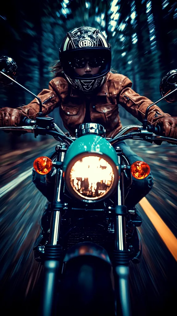 Here's a description of the image:

The image is a dynamic, first-person perspective shot of a motorcyclist speeding down a road at night.  The rider, wearing a brown leather jacket and a black full-face helmet, grips the handlebars of a teal and black custom motorcycle. The headlight illuminates the road ahead, creating a bright focal point against the blurred background of trees rushing by. The motion blur emphasizes the speed and excitement of the ride, with streaks of light and dark creating a sense of movement.  The overall mood is adventurous and thrilling.