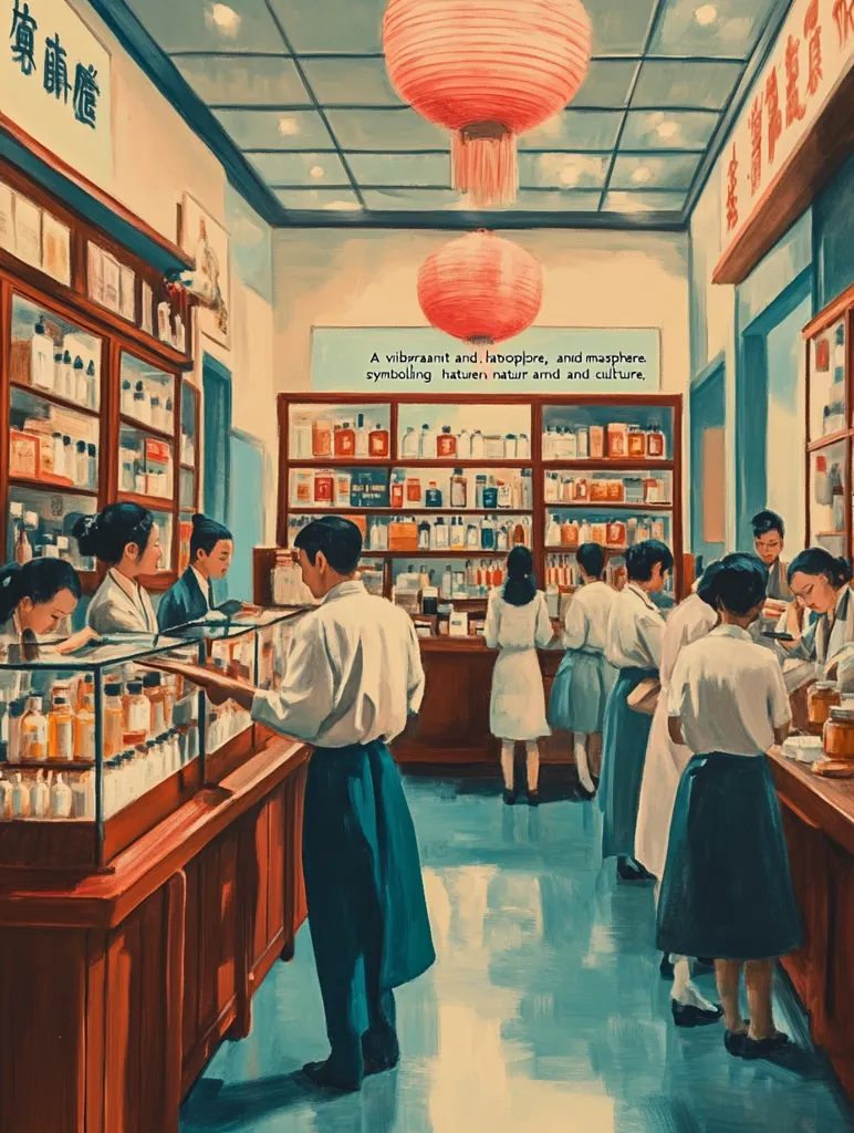 Here's a description of the image:

The painting depicts a vibrant and bustling traditional apothecary, possibly in East Asia.  Shelves are filled with various bottles and jars, showcasing a wide array of goods. Customers and staff, dressed in period clothing, interact within the warmly lit space.  Two large, red paper lanterns hang from the ceiling, adding to the atmosphere. The scene is detailed, with a focus on color and light, creating a nostalgic and evocative mood.  The overall impression is one of cultural richness and traditional commerce.