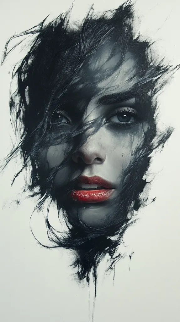 The artwork is a striking portrait of a woman, rendered in a dramatic, expressive style.  Her face is partially obscured by dark, swirling hair, depicted with bold, charcoal-like strokes.  The contrast between the dark hair and the pale background emphasizes the subject's intense gaze and red lips.  The overall effect is one of mystery and emotional depth, suggesting a sense of turmoil or inner conflict. The style is abstract yet figurative, prioritizing mood and emotion over precise detail.