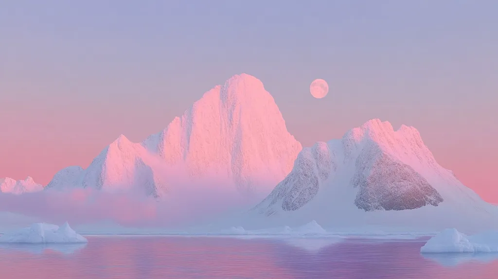 A serene, pastel-colored landscape depicts snow-capped mountains bathed in the soft light of dawn or dusk.  A full moon hangs in the sky above the peaks.  The mountains are reflected in the calm, pink-hued water, which features several small icebergs. The overall atmosphere is peaceful and dreamlike, with a soft, ethereal quality.