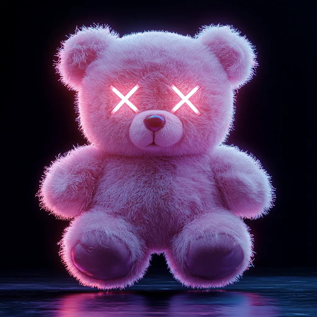 A pink teddy bear, seemingly levitating, is the focus of the image.  Its eyes are replaced with glowing pink neon X's, creating a striking contrast against its soft fur.  The dark background enhances the neon effect, giving the image a surreal, slightly unsettling yet captivating aesthetic.  The bear's pose is relaxed, adding to the paradoxical nature of the scene.  The overall impression is one of stylized darkness and playful mystery.