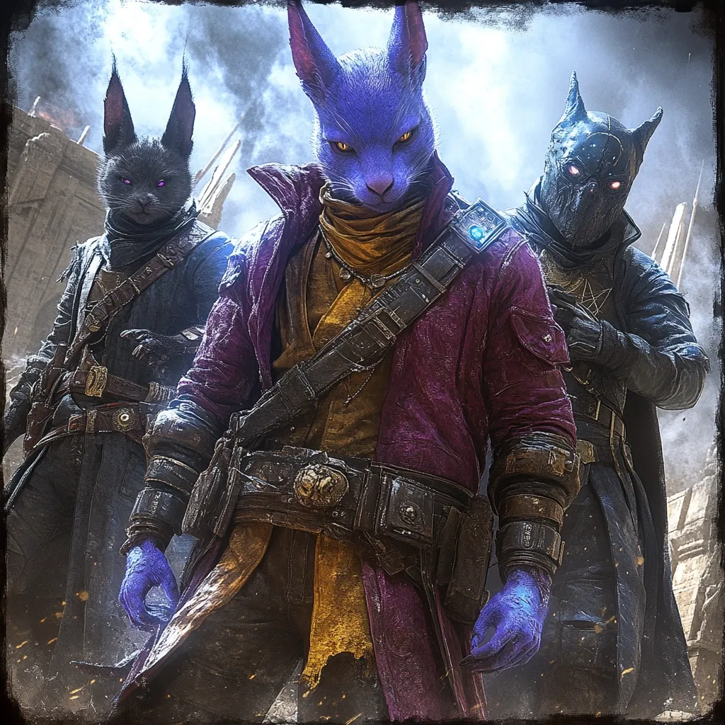 Here's a description of the image:

The image depicts three anthropomorphic feline characters, possibly from a fantasy video game or artwork.  The central figure is a striking purple-furred feline in a richly colored purple and gold outfit, adorned with intricate belts and bracers. Flanking this central figure are two darker-furred, more subtly dressed felines, one to each side. All three have pointed ears and intense gazes, conveying a sense of power and determination.  The background suggests a gritty, post-apocalyptic or medieval setting with crumbling structures and a smoky atmosphere. The overall style blends fantasy and dark, gritty realism.