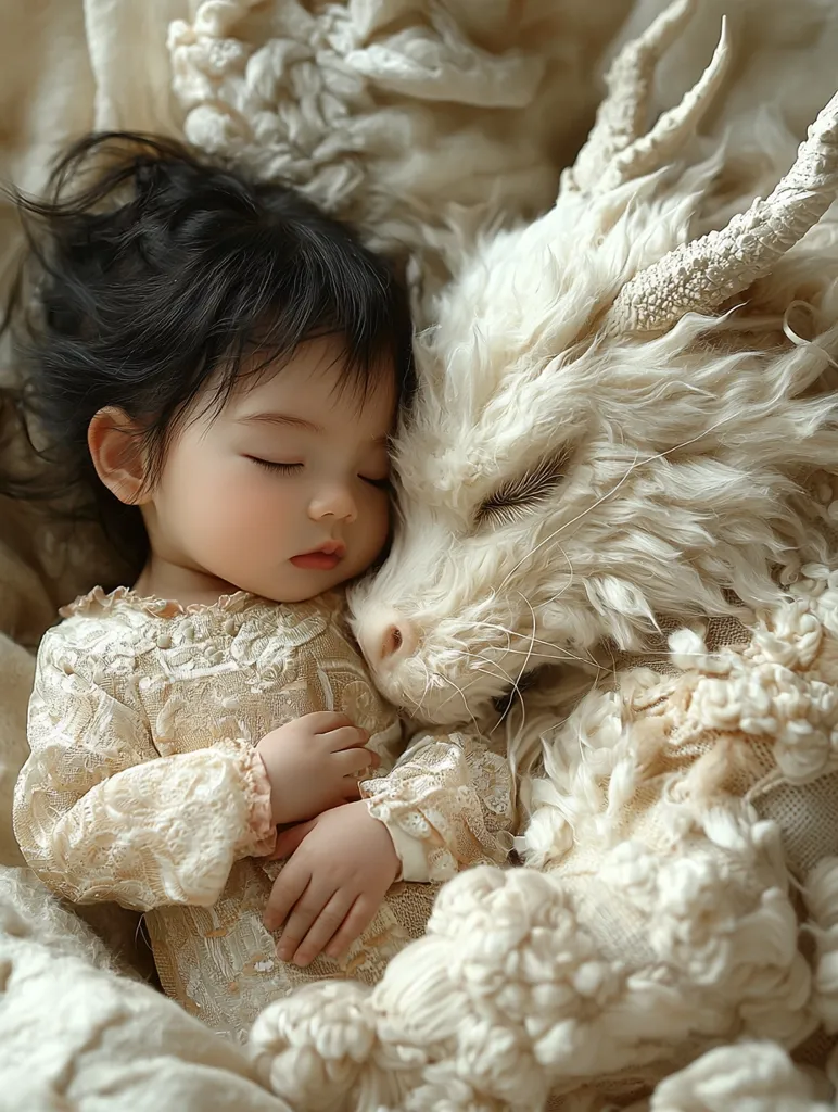 A young toddler with dark hair, wearing a cream-colored lace outfit, peacefully sleeps nestled against a large, fluffy, white dragon. The dragon's head is gently resting beside the child's, their eyes closed in slumber.  Both are surrounded by soft, creamy-toned blankets, creating a serene and magical scene. The image evokes a feeling of tenderness and fantasy.