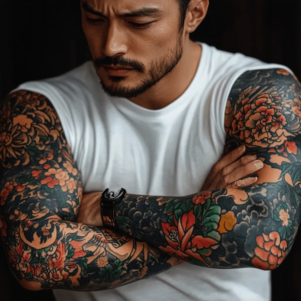 Close-up view of a man with heavily tattooed arms.  He's wearing a plain white sleeveless shirt and has his arms crossed over his chest. The tattoos are vibrant, showcasing a traditional Japanese style with bold black ink, colorful flowers, and other intricate designs.  His expression is serious and contemplative, his gaze directed downward. The image has a dark, moody background, highlighting the detail of the tattoos and the man's facial features.