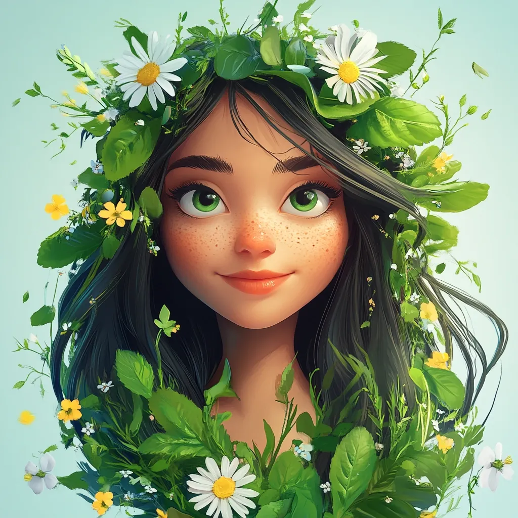 Here's a description of the image:

The illustration showcases a charming cartoon girl with long, dark hair adorned with a vibrant crown of wildflowers and lush green foliage.  Her skin is lightly freckled, and she possesses large, expressive green eyes and a gentle smile. The style is digitally painted, with a focus on smooth textures and bright, saturated colors. The overall impression is one of springtime freshness and natural beauty.  The girl appears to be intertwined with nature, creating a harmonious and enchanting scene.