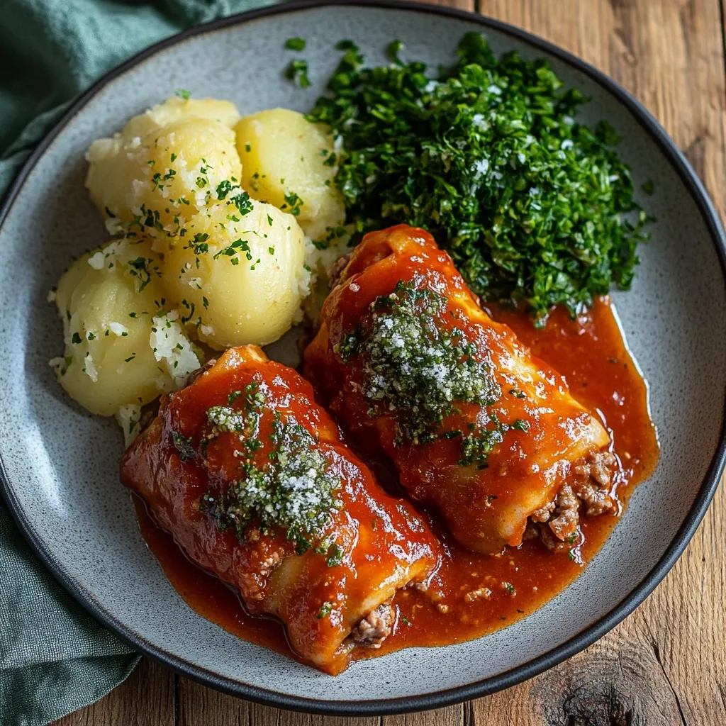 Here's a description of the image:

A close-up shot reveals a plate of delectable food.  Two meat-filled pasta rolls, generously coated in a rich tomato sauce and sprinkled with fresh herbs, are the centerpiece.  They're accompanied by a side of creamy, seasoned mashed potatoes and a vibrant serving of chopped green vegetables, possibly kale or spinach. The meal is served on a slate-grey plate, which rests on a rustic wooden table.  The overall presentation is inviting and suggests a hearty, comforting meal.