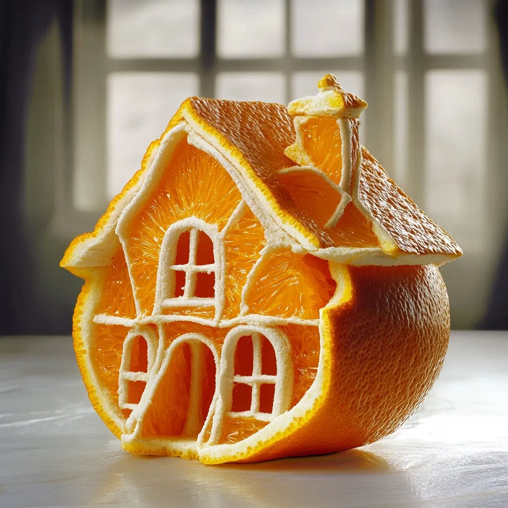 Here's a description of the image:

A meticulously carved orange forms a miniature house. The bright orange segments are carefully shaped to create walls, a roof, and even windows. A small chimney is atop the roof, adding to the charming detail.  The house sits on a light-colored surface, likely a table, with a blurred background suggesting an indoor setting near a window. The lighting highlights the vibrant color and intricate carving of the fruit.  The overall impression is one of playful artistry and clever use of a common fruit.