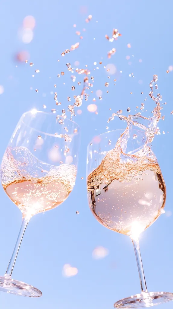 Two glasses of rosé wine are shown against a pale blue sky.  The wine is splashing dramatically between them, creating a celebratory, effervescent effect.  Tiny, sparkling particles are scattered throughout the image, adding to the festive atmosphere.  The overall mood is light, airy, and joyful, suggesting a summer celebration or toast. The glasses are partially filled, and the light reflects beautifully off the liquid and glass.