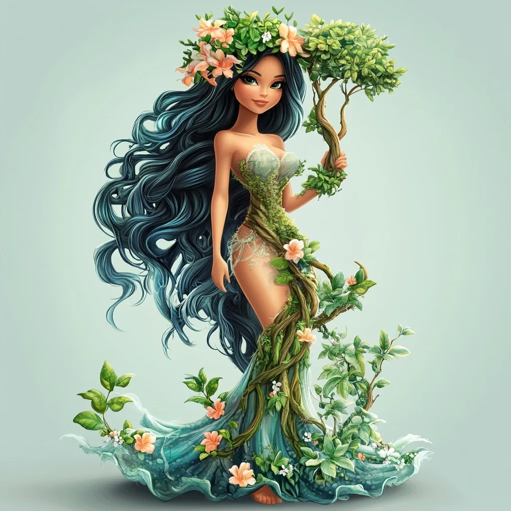 A digital illustration depicts a beautiful woman, seemingly a nature spirit, with long, flowing dark hair.  She's adorned in a flowing gown formed from intertwined vines, leaves, and blossoms, creating a dress of living vegetation. A small tree sprouts from her gown, which she delicately holds.  Peach-colored flowers crown her head, completing the ethereal, spring-like image. The style is vibrant, detailed, and fantastical.