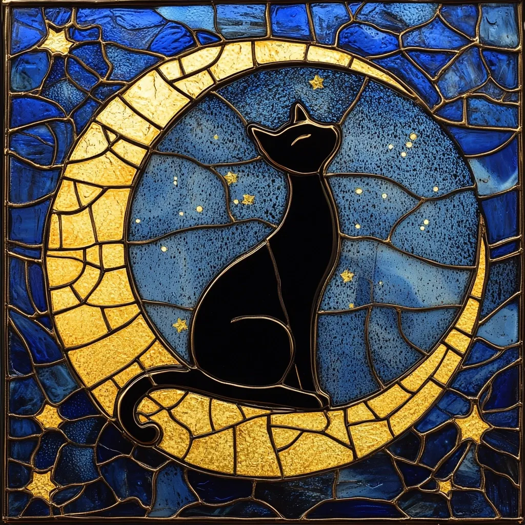 A stunning stained-glass piece depicts a black cat silhouetted against a crescent moon. The moon is rendered in golden hues, contrasting beautifully with the deep blues of the night sky. Tiny stars are scattered across the background, adding to the celestial ambiance. The cat is positioned in a seated posture, gazing upwards, perhaps at the stars or the moon itself. The overall style is reminiscent of Art Nouveau or Art Deco, with its elegant lines and decorative details. The intricate craftsmanship and color palette create a captivating scene, full of mystic charm.