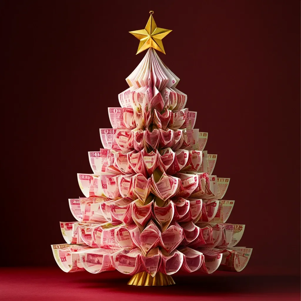 Here's a description of the image:

Against a deep maroon backdrop, a Christmas tree crafted entirely from folded banknotes stands.  The bills, predominantly pink and featuring indiscernible text, are meticulously arranged to form a conical shape. A gold star crowns the apex. The tree rests on a small, gold-colored base, providing a striking contrast to the overall pinkish hue of the money tree. The image suggests a concept of wealth or prosperity during the Christmas season.