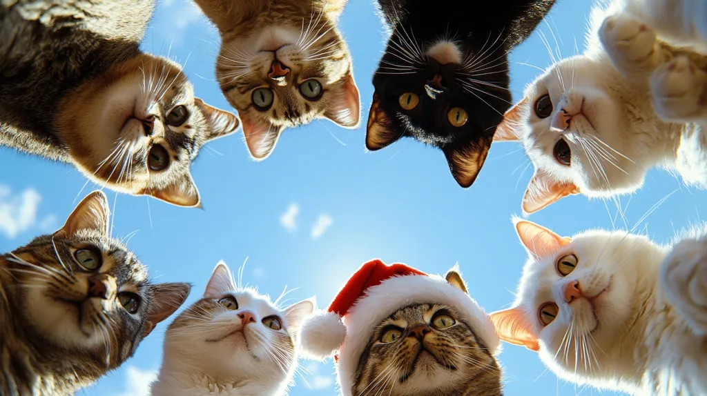 Eight cats are arranged in a circle, looking upward against a bright blue sky.  The perspective is from below, creating a playful, whimsical effect.  The cats are a variety of colors and breeds, including tabby, black, and white. One cat wears a Santa hat, suggesting a Christmas theme. Their curious expressions and upward gaze create a fun, festive image.