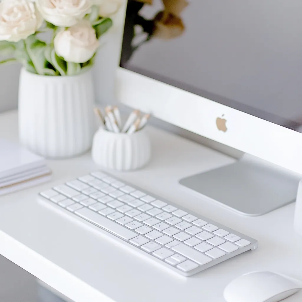 A minimalist white desk features an Apple computer, wireless keyboard, and mouse.  A vase of pale pink roses and a small container of pencils add touches of elegance.  The scene is bright and airy, conveying a sense of calm and productivity.  Neatly stacked notebooks sit to the left, completing the organized workspace. The overall aesthetic is clean and sophisticated.