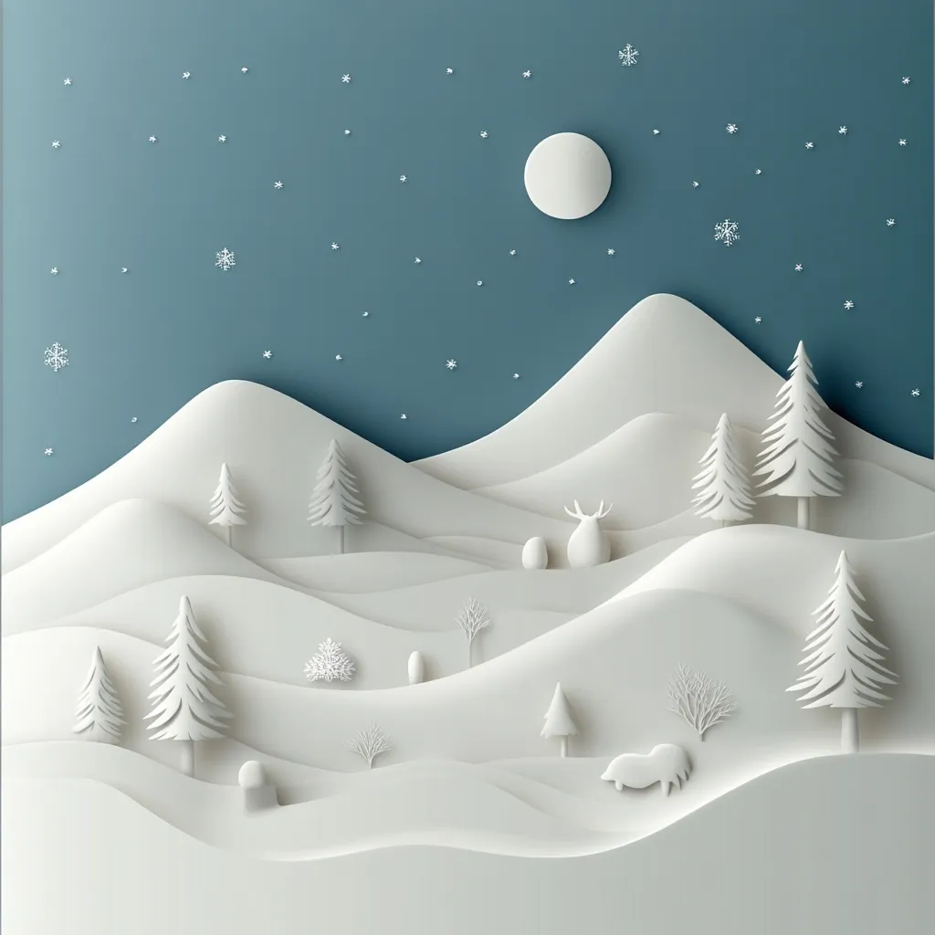 Here's a description of the image:

The image is a stylized, paper-cut illustration of a winter landscape.  Soft, white, undulating hills represent snow-covered mountains under a dusky blue night sky. A large, pale moon hangs in the sky, speckled with small, snowflake-like shapes.  Simple, white paper-cut trees and small animals, including a deer, populate the scene. The overall style is minimalist and serene, evoking a peaceful, snowy Christmas or winter night.  The texture appears smooth and soft, like sculpted paper.