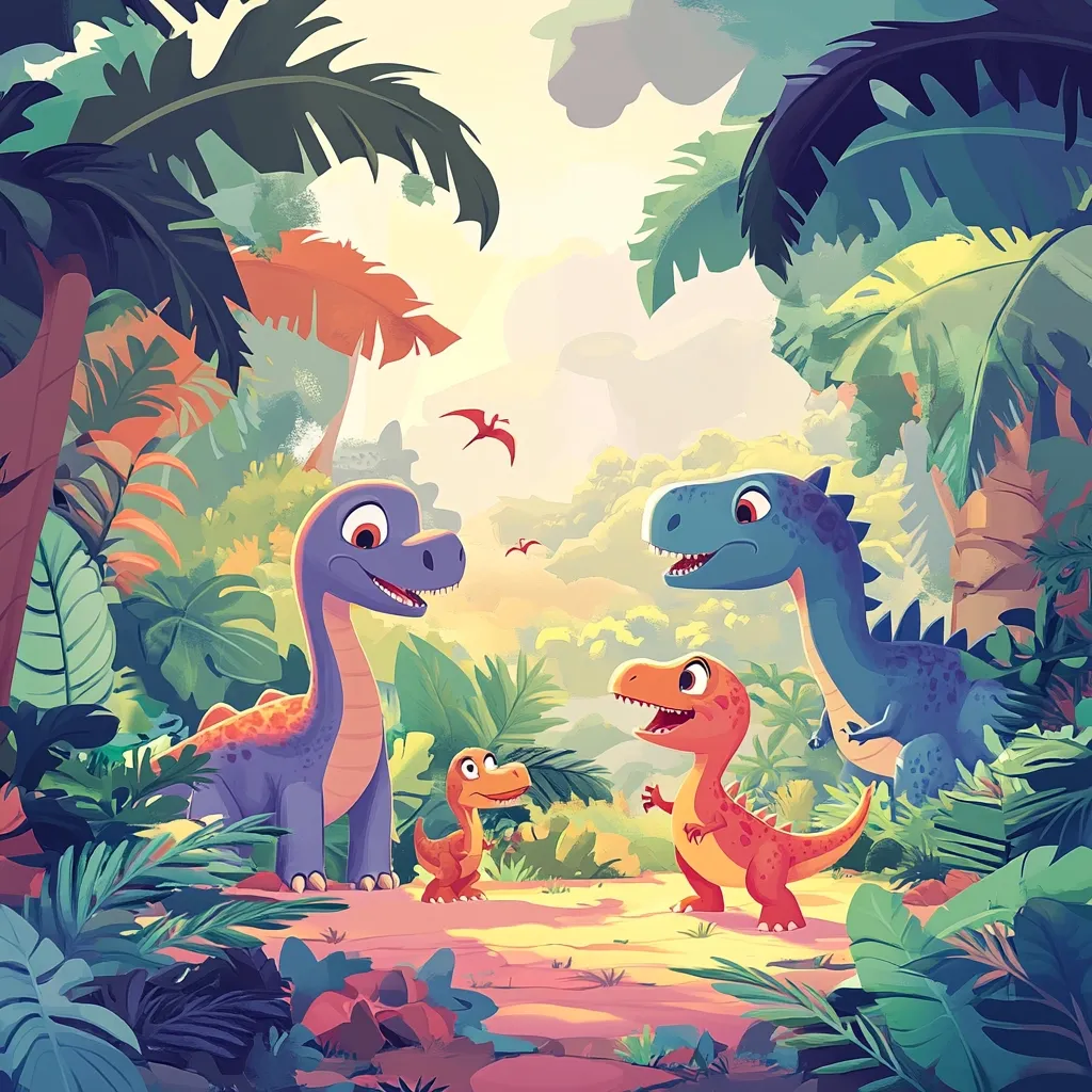 Here's a description of the image:

The illustration depicts four cartoon dinosaurs in a lush, vibrant jungle setting. Two larger dinosaurs, a purple-blue one and a blue one, stand opposite each other, seemingly engaging in a conversation. Two smaller dinosaurs, one orange and one green, stand between them, possibly their young.  The background is filled with large, tropical-looking plants and palm trees, under a bright, sunny sky.  The style is playful and colorful, suitable for children's literature.  Small flying dinosaurs add to the lively scene.