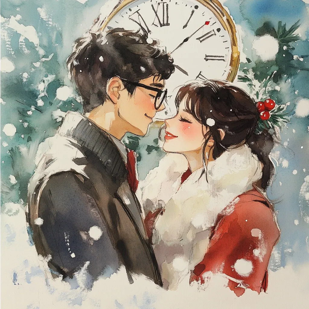 A watercolor painting depicts a young couple embracing in a snowy winter scene.  The man, wearing glasses, and the woman, adorned with a festive sprig of holly berries, share a tender moment. A large clock, symbolizing time, is positioned behind them, adding a romantic and perhaps time-sensitive element to the illustration.  The style is soft and romantic, with a focus on gentle color washes and expressive faces.  Snowflakes subtly fall around them, enhancing the winter atmosphere.