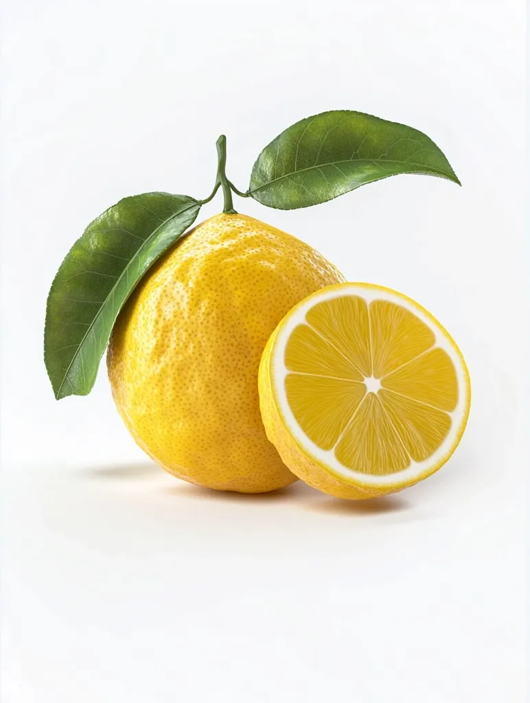 A whole lemon and a lemon half rest on a white background.  The whole lemon is attached to a stem with two vibrant green leaves.  The lemon's peel is slightly bumpy, and its yellow flesh is visible in the cut half, showcasing its juicy segments. The lighting is bright, highlighting the fruit's freshness and color. The overall image is clean, simple, and evokes a feeling of natural purity.