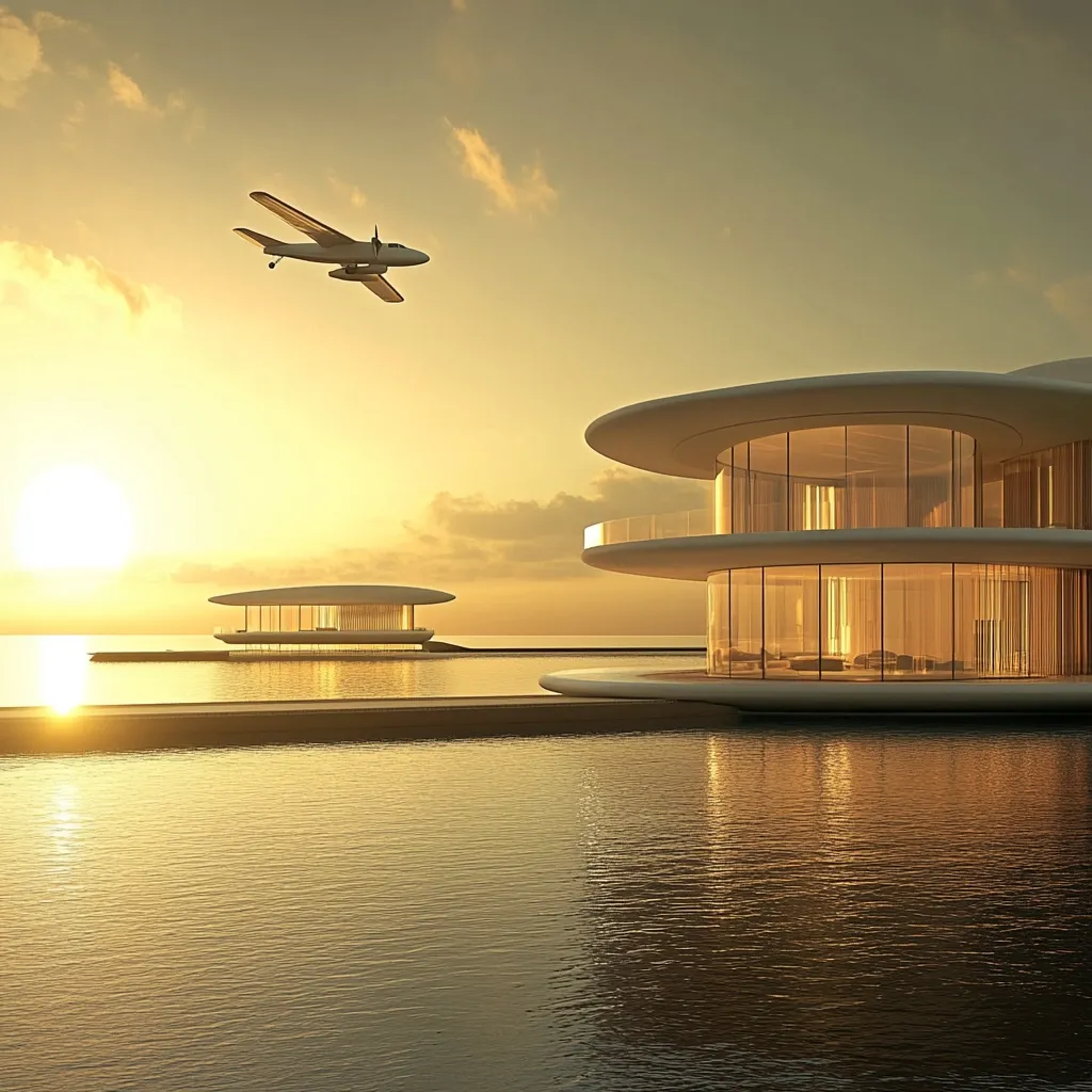 Here's a description of the image:

A breathtaking sunset illuminates a futuristic, minimalist architectural scene. A small airplane flies overhead, adding a touch of luxury and convenience. Two sleek, circular buildings rest on stilts over calm, golden water, their large glass windows reflecting the warm hues of the sky. The larger structure is multi-storied, suggesting a lavish residence, while a smaller, similar design nearby might serve as a guest house or accessory building. The overall style is one of serene elegance and modern opulence, set against a peaceful coastal backdrop.