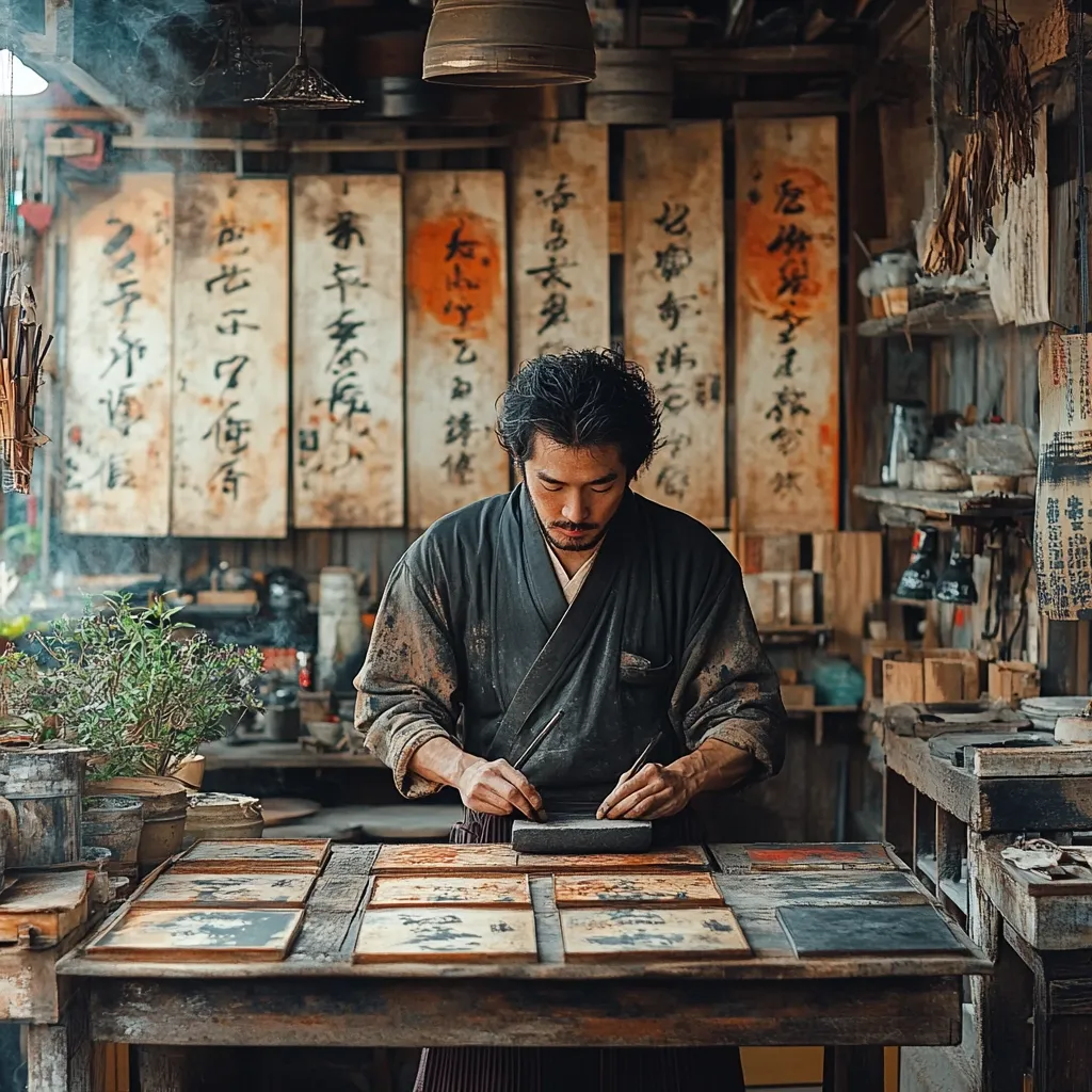 A man in a dark kimono, his sleeves stained with work, sits intently at a rustic wooden table.  He meticulously sharpens a tool on a whetstone, surrounded by numerous small, wooden blocks displaying intricate designs.  The backdrop features aged Japanese calligraphy panels and a cluttered workshop filled with tools and supplies, suggesting a traditional artisan at work.  Smoke subtly fills the air, adding to the atmospheric ambiance of the scene.