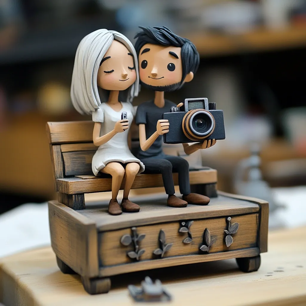 A charming miniature scene depicts a stylized couple seated on a rustic wooden bench. The woman, with long white hair, holds a small device, while the man, sporting dark hair and a beard, proudly displays a vintage-style camera.  Their expressive features and the handcrafted wooden bench and box create a heartwarming, whimsical vignette.  The overall style suggests a handcrafted figurine, possibly made from polymer clay or similar material.