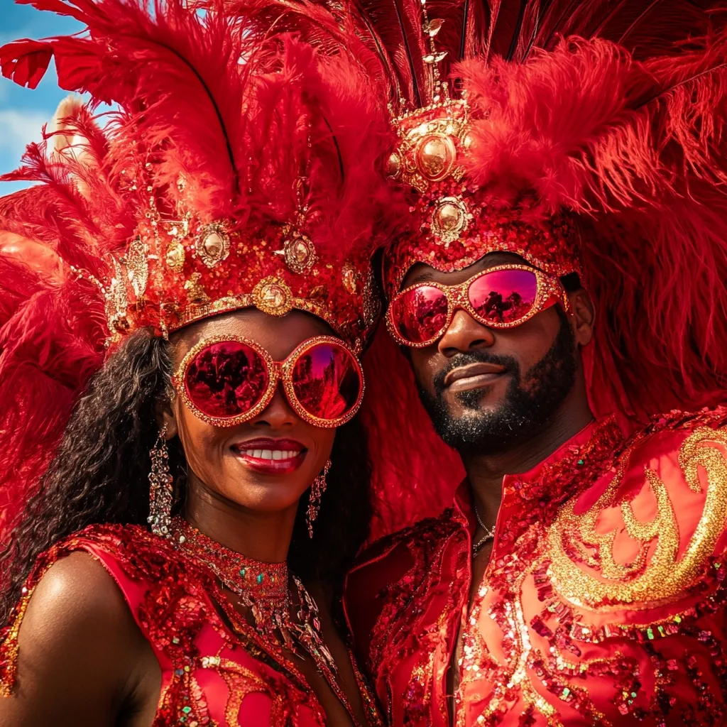 Here's a description of the image:

Close-up view of a couple adorned in vibrant red carnival costumes.  Both wear large, round, red sunglasses and elaborate headdresses composed of red feathers and gold embellishments.  The woman's dark curly hair is partially visible, while the man has a short beard. Their costumes are richly decorated with red sequins and gold detailing, suggesting a festive and celebratory context, likely a carnival parade or similar event.  The overall impression is one of vibrant color, elaborate costuming, and joyous celebration.