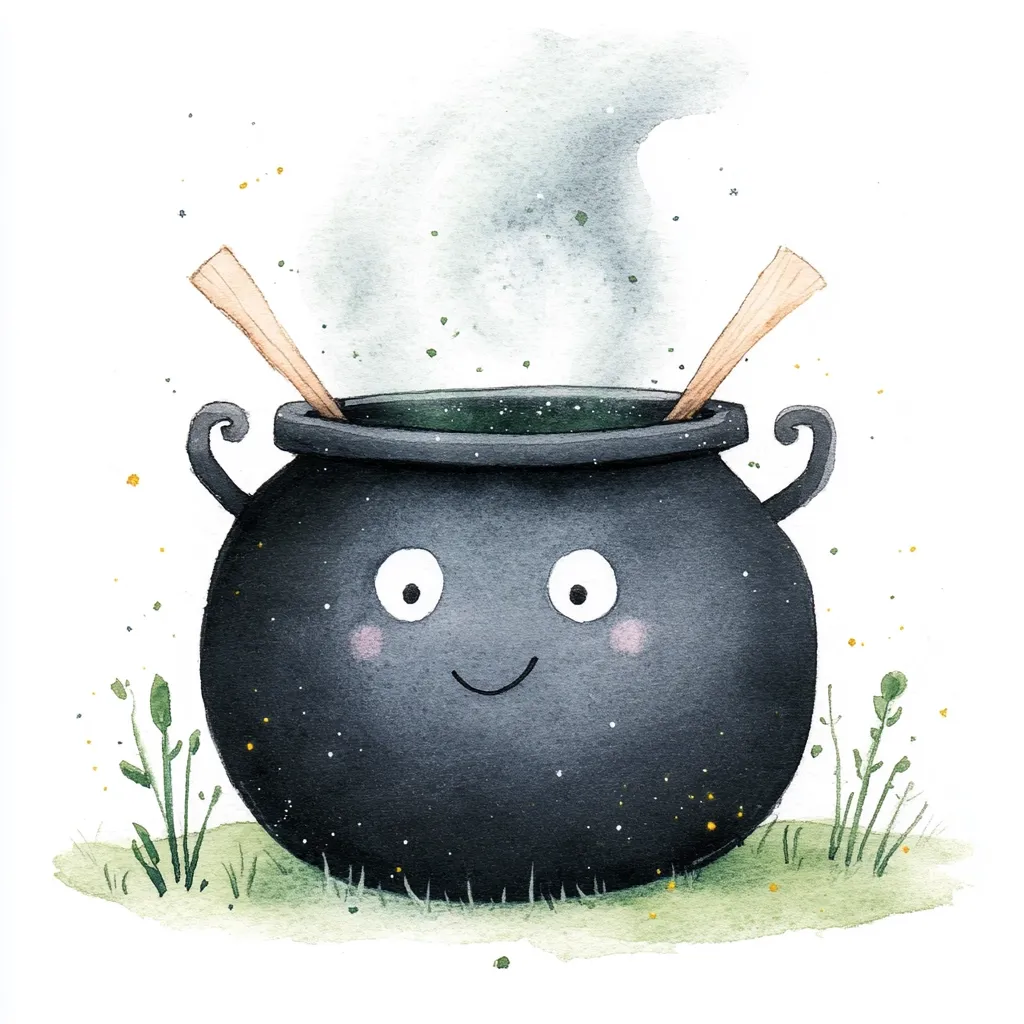 A whimsical watercolor painting depicts a smiling cauldron, sitting on a patch of grass.  Two wooden spoons rest inside, stirring a bubbling, dark green liquid.  Steam rises from the cauldron, adding to its magical ambiance. The cauldron has large, expressive eyes and rosy cheeks, giving it a friendly, cartoonish appearance.  Small specks of yellow and green suggest magical sparkles and grass. The overall style is cute and Halloween-themed.