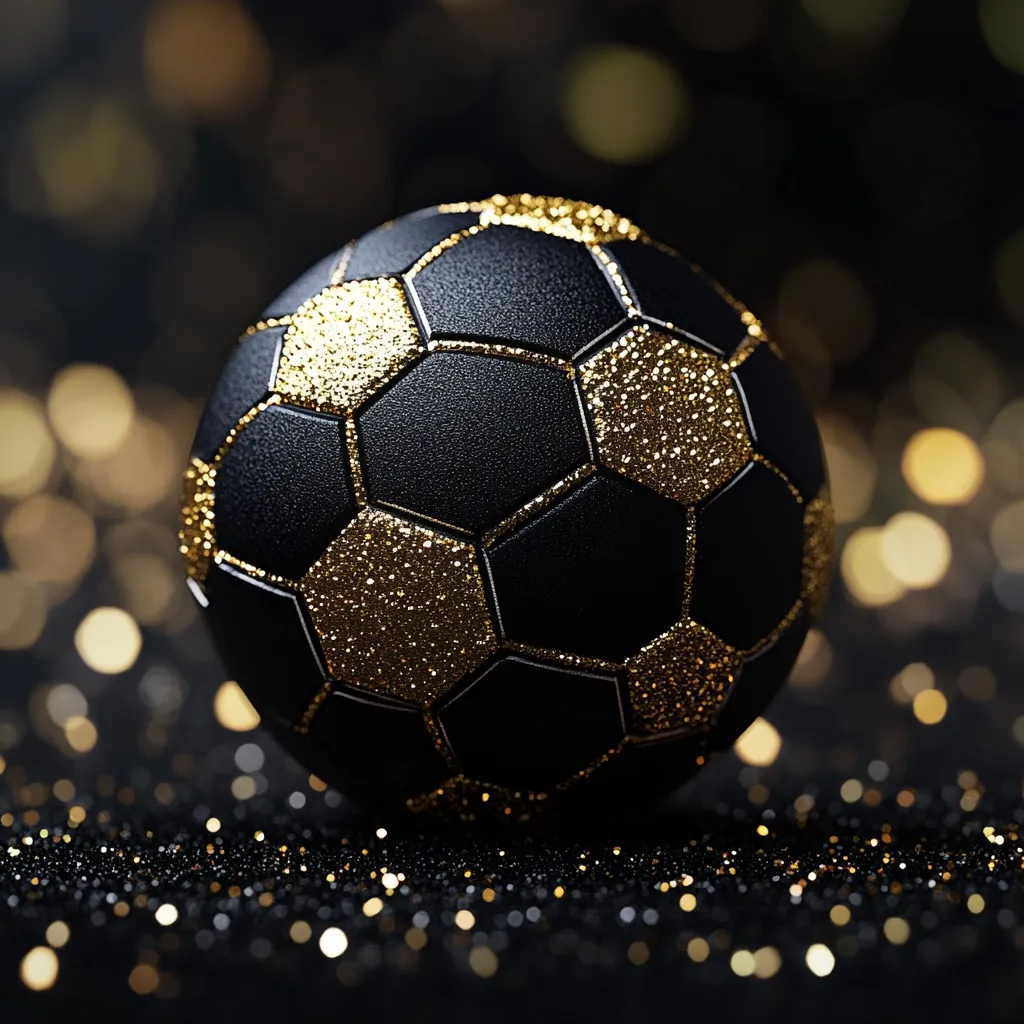 Here's a description of the image:

Close-up view of a soccer ball, predominantly black but accented with gold glitter outlining each pentagonal panel. The ball rests on a surface of black glitter, creating a luxurious and festive feel. The background is blurred but shows a bokeh effect of warm gold and amber lights, enhancing the overall glamorous atmosphere. The image suggests a celebratory or high-end context, perhaps related to a sporting event or a luxurious product advertisement.