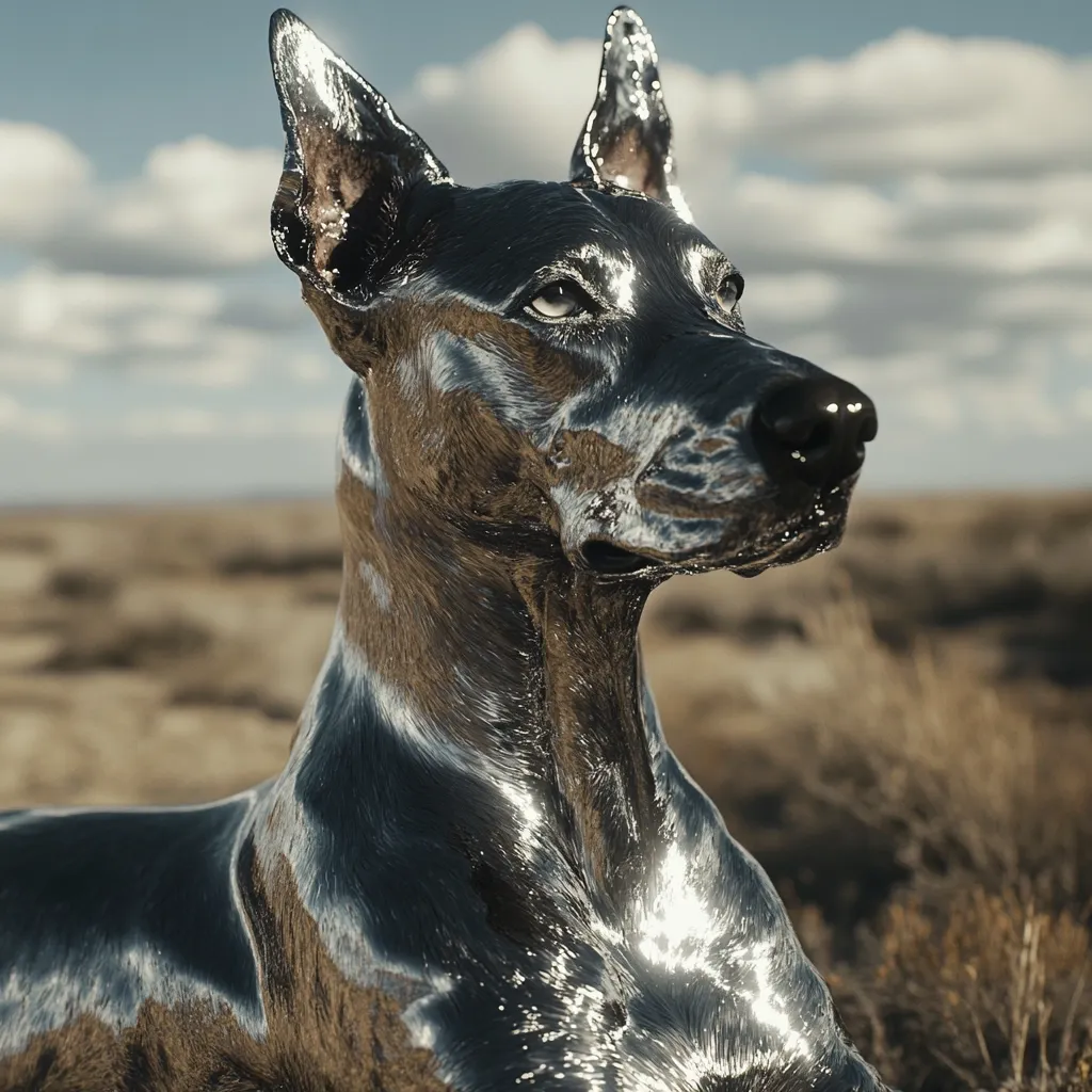 Here is a description of the image:

Close-up view of a digitally rendered Doberman Pinscher.  The dog appears to be coated in a highly reflective, metallic substance, giving it a sleek, almost liquid appearance. Its fur is subtly visible beneath the sheen. The background is a blurred, arid landscape under a partly cloudy sky, contrasting with the dog's smooth, polished texture. The dog's expression is alert and slightly proud. The overall effect is striking and somewhat surreal.