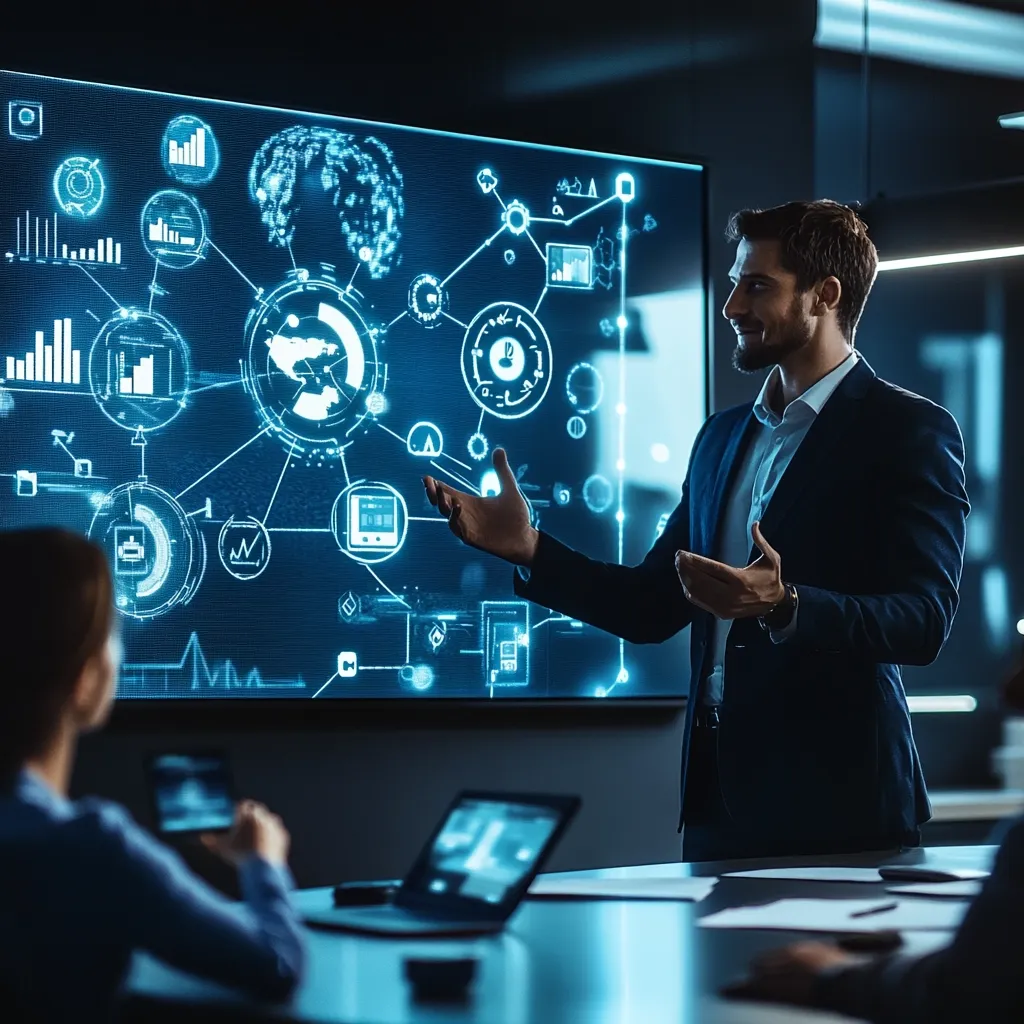 A businessman enthusiastically presents a data-driven presentation to a small audience.  A large screen displays a complex network of interconnected icons, graphs, and global data visualizations, illuminated in vibrant blue. The presenter's gestures emphasize key points within the interactive digital display.  The overall scene suggests a modern business meeting focused on data analysis and technological strategy.  The ambiance is sleek and technological.
