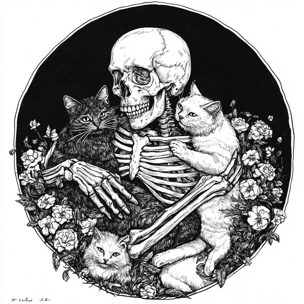 Here's a description of the image:

The artwork is a meticulously detailed black and white pen and ink drawing.  It depicts a human skeleton, its skull prominent, lovingly cradling three cats within a circular frame.  Two cats, one dark and one light, flank the skeleton, while a smaller, lighter-colored cat rests at its feet. The scene is set amidst a lush arrangement of flowers and foliage, creating a striking contrast between life and death. The style is reminiscent of gothic art or dark romanticism. The overall impression is one of poignant beauty and acceptance of mortality.