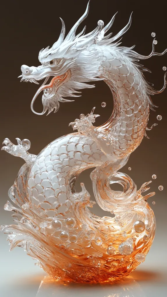 Here's a description of the image:

The image showcases a meticulously crafted glass sculpture of a dragon, seemingly emerging from or interacting with a wave. The dragon is predominantly translucent white, with intricate detailing in its scales and features.  The wave base is a warm amber color, incorporating air bubbles for a dynamic effect. The overall aesthetic is elegant and surreal, suggesting movement and fluidity captured in glass. The lighting highlights the texture and translucency of the material, creating a sense of depth and ethereal beauty.