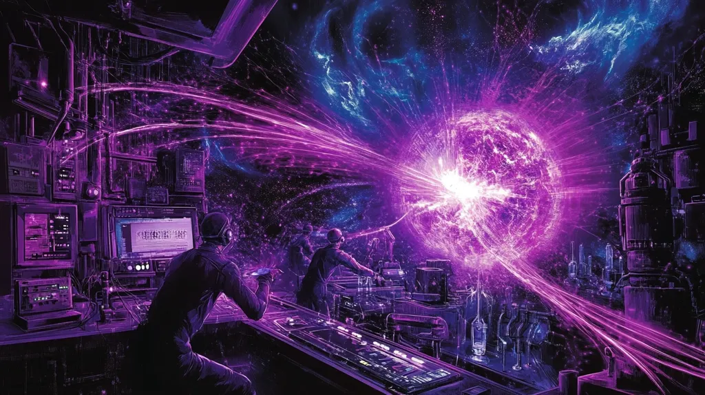 The image depicts a futuristic laboratory scene bathed in vibrant purple and blue hues.  A powerful, glowing purple energy sphere dominates the center, radiating streams of light that connect to complex machinery and consoles. Scientists, silhouetted against the intense energy, monitor the event from a control panel. The scene suggests a high-stakes scientific experiment involving interdimensional energy or a technological breakthrough of immense scale.  The overall aesthetic blends science fiction and fantasy elements, creating a dramatic and visually arresting composition.