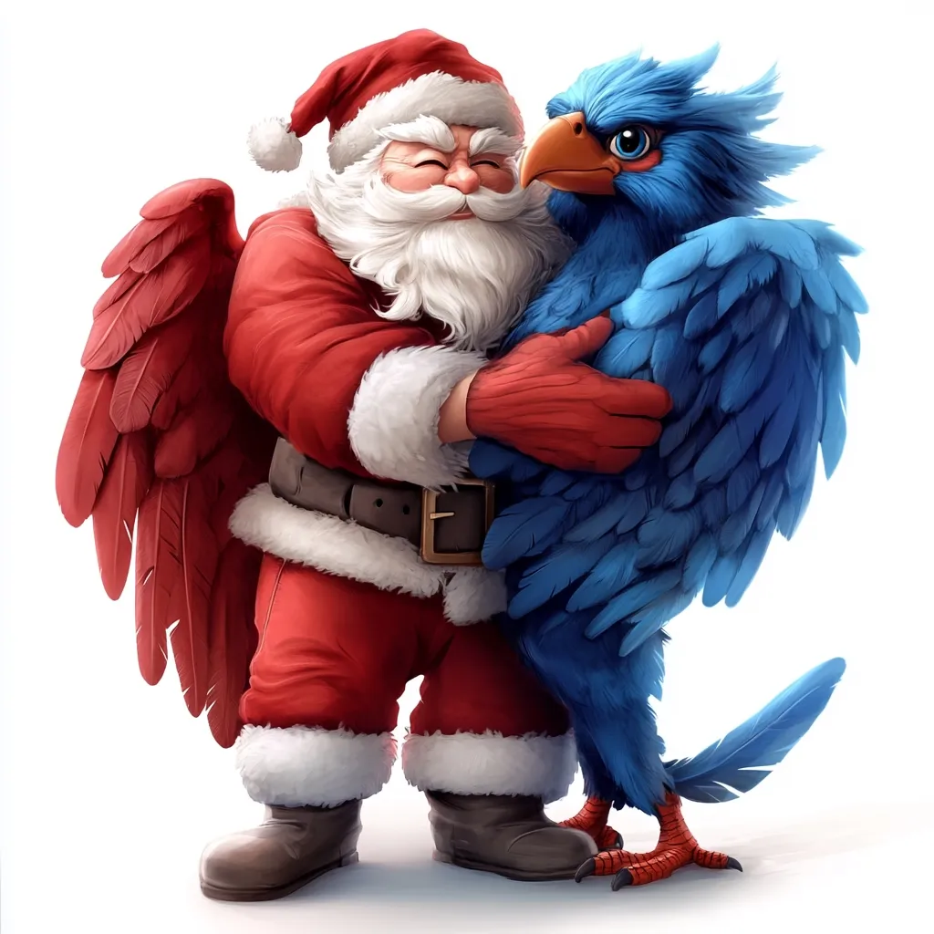 Here's a description of the image:

A cheerful Santa Claus, depicted in a vibrant red suit with white fur trim, warmly embraces a large, bright blue bird.  The bird has large, expressive eyes and feathery plumage.  Santa's left wing, a striking crimson, is partially visible, adding a fantastical element to the scene. The embrace is tender and joyful, set against a stark white background, creating a festive and whimsical image that suggests a Christmas-themed fantasy.